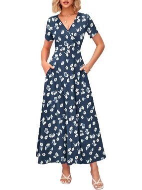 Women's Floral Navy Summer Maxi Dress Wrap V Neck Elegant Dress Short Sleeve